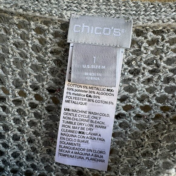 Chico's Long Sleeve Crew Neck Silver/Gray Mesh Open Knit Sweater Size 1 (M) - Picture 3 of 9